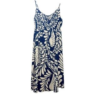H&M Crinkled Jersey Midi Dress XL Blue White Tropical Strappy Coastal Keyhole